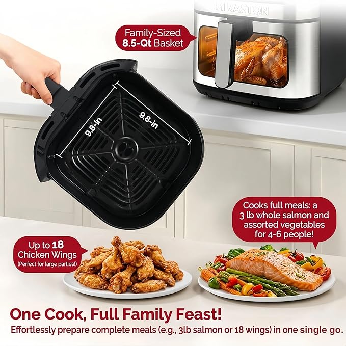 Air Fryer, 8.5QT Family Size Digital Air Fryers, BPA-Free, Smart Touchscreen with 8-Preset, Air Frying, Reheat Leftovers, Party Food, Fast Cooking, Dishwasher-Safe, Stainless Steel