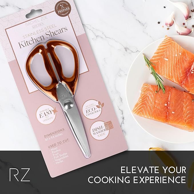 Rachel Zoe Multi-Purpose Kitchen Scissors, Stainless Steel Kitchen Shears with Protective Sheath & Soft Handle Grips, Dishwasher Safe, Vegetables, Fruits & Meat Cutting Scissors (Brown/Silver)
