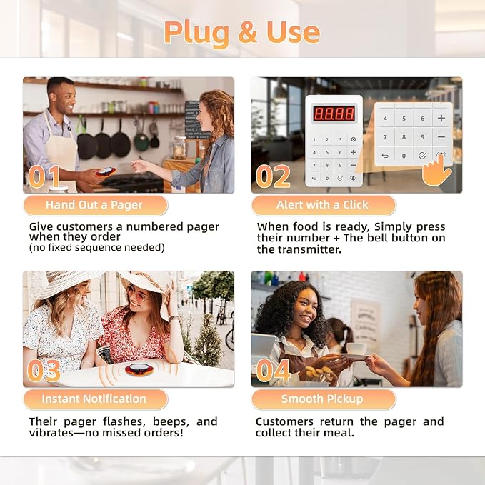 Restaurant Pager System, Long Range Social Distancing Pagers for Restaurants,10 Coaster Beepers with Vibration Flashing Buzzer, Queue Wireless Calling System for Food Truck Church Nursery Coffee Shop