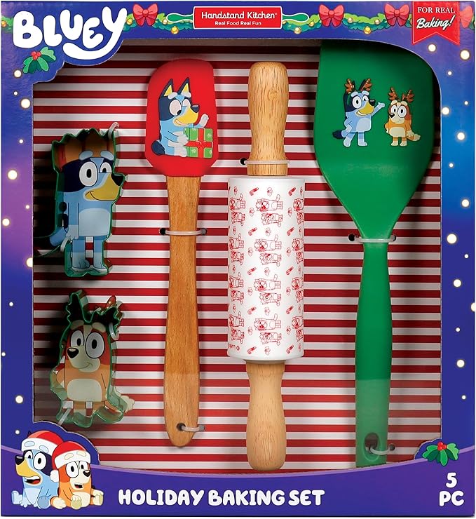 Handstand Kitchen Bluey Holiday Baking Set with Bluey and Bingo Cookie Cutters, Rolling Pin, Spatula and Flipper