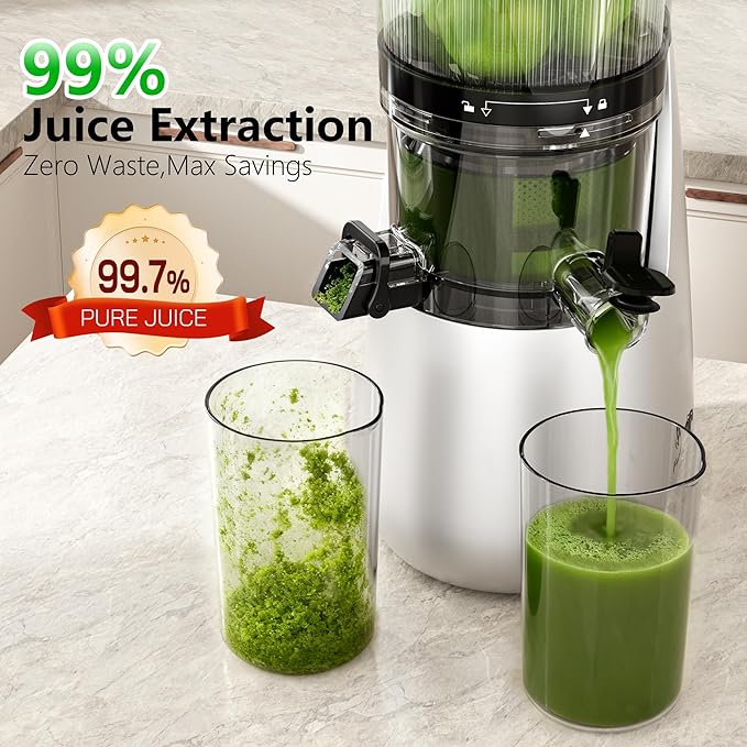 Cold Press Juicer, 6" Extra Large Feed Chute Slow Masticating Juicer Machines, Powerful AC Brushless Motor, Self Precut System, Juicer Machines with BPA-Free, Extra one Replace juicer strainer