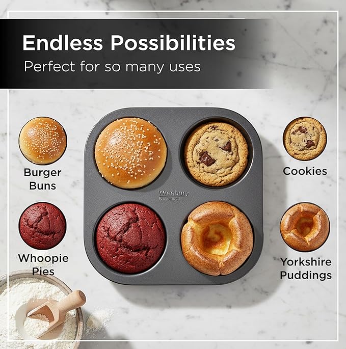 Wrenbury Nonstick Whoopie Pie Pan 4 Cup - Jumbo Carbon Steel Shallow Baking Tray for Muffin Top Macarons Cookies Yorkshire Puddings Cornbread & Burger Buns