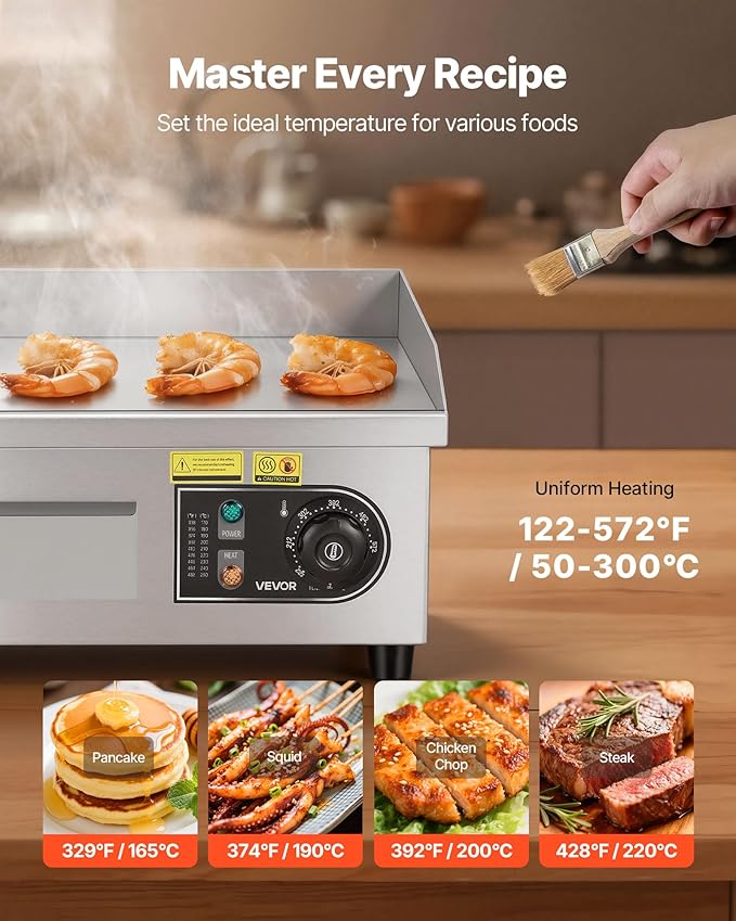 VEVOR Commercial Electric Griddle, 13.98 x 11.81 inch, 1750W, 122-570°F Adjustable Temp Control, Stainless Steel Countertop Flat Top Grill with 2 Spatulas and 2 Brushes, for Steak, Pancake, Squid