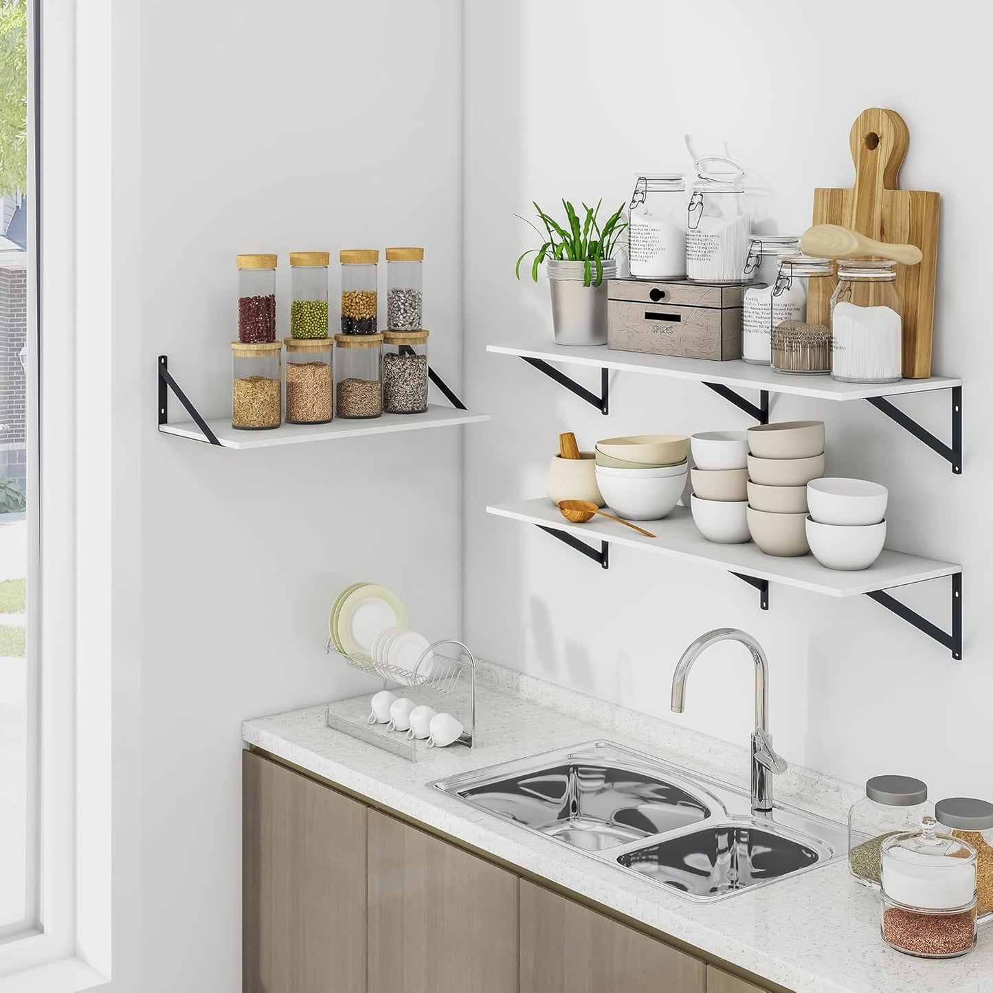 Heimlove White Deep Floating Shelves for Wall, 48W x 12D Wood Wall Shelves Set of 2, Wide Floating Bookshelf for Living Room, Kitchen, Office, Bedroom and Decor Storage, with Black Bracket - White