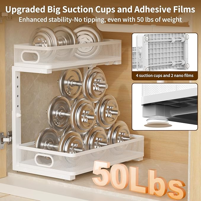 Under Sink Organizer 1 Pack, 2-Tier Slide Out Cabinet Organizer with Metal Sliding Drawer and Hooks, Pull Out Storage Baskets for Kitchen Bathroom Pantry Cabinet Organization (White (1 pack))