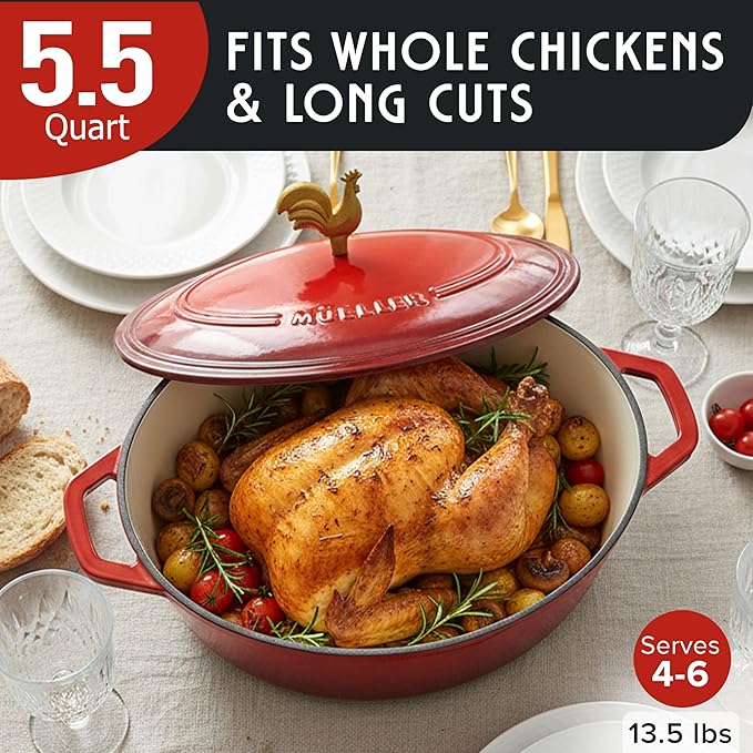 MUELLER HOME 5.5 Quart Enameled Cast Iron Oval Dutch Oven w Rooster Knob & Cotton Potholders, Heavy-Duty Cookware, Oven-Safe up to 500° F & Across All Cooktops, Gifts for Grandma & Women, Red