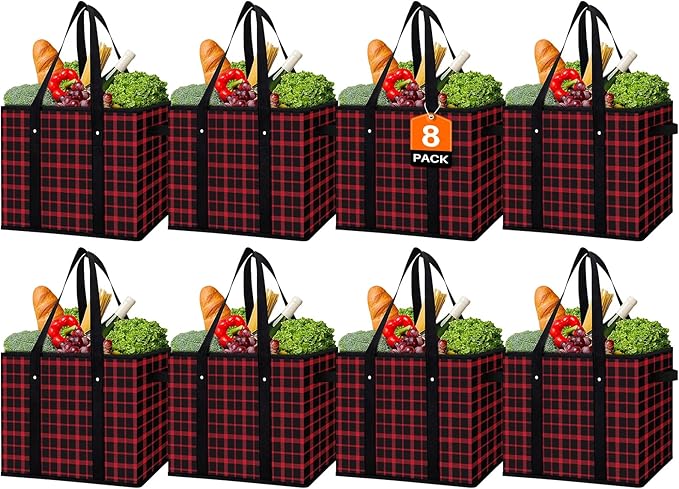 WISELIFE Reusable Grocery Bags 8 Pack,Large Grocery Tote Bag Water Resistant Shopping Bags Foldable Grocery Bag for Clothes,Shoes and Picnic,Red