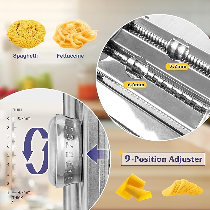 Pasta Maker Machine Set with Pasta Drying Rack Noodle Maker Machine 9 Adjustable Thickness Settings, Gifts for Her 2-in-1 Rollers & Cutter for Spaghetti, Fettuccine, Lasagna & More