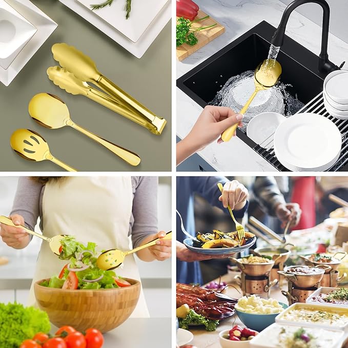 17PCS Serving Utensils Set Flatware, Stainless Steel Serveware Large Serving Spoons, Slotted Spoons, Forks, Tongs, Cake Server,Soup and Skimmer Spoon for Buffet, Catering, Party, Dinner (Gold)