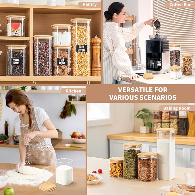 SENTVEND 37 Oz Glass Storage Jars with Bamboo Lids - 6 Pack Clear Glass Canisters Square Airtight Stackable Ideal for Pantry Storage Containers Organizers Great for Storing Oats Coffee Beans Nuts etc