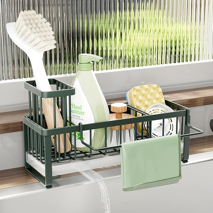 SWTYMIKI Sponge Holder for Kitchen Sink - Sink Caddy with Brush Holder Self-draining Sponge Caddy Organizer with Divider Stainless Steel Kitchen Accessories Storage for Countertop, Green