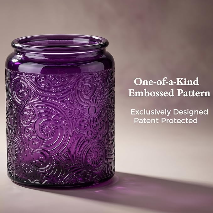 Art Secret 9-Pack 8oz Embossed Glass Candle Jars with Lids and Labels - Sun Moon Stars Design (Purple)