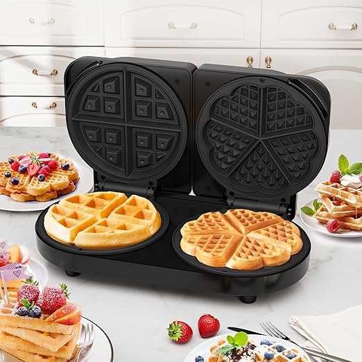 Double Belgian Waffle Maker with 2 Adjustable Temp Knobs, Electric Waffle Machine with Indicator Light, Nonstick Heart Waffle & Classic Waffle Iron, Breakfast Maker, Easy to Clean, Silver