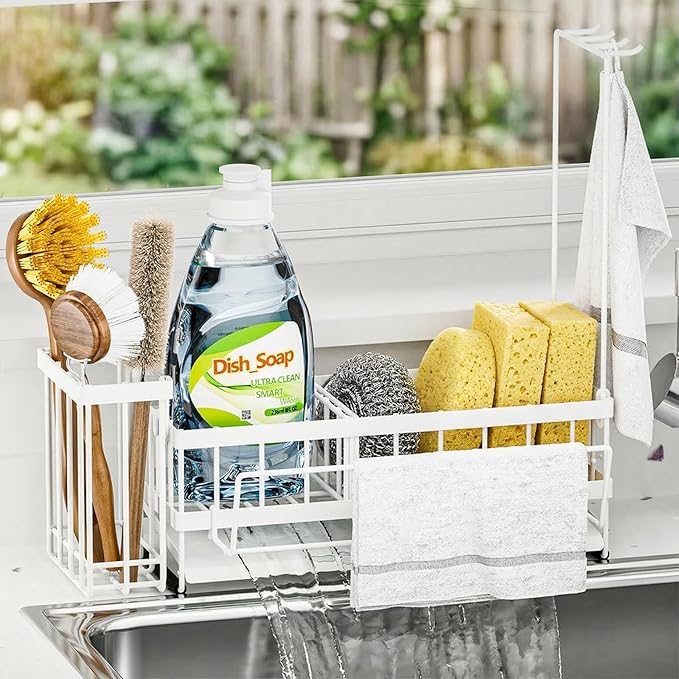 Sponge Holder for Kitchen Sink – Rustproof Stainless Steel with Detachable Drainboard, Brush Rack & Towel Bar | Compact, Non-Slip Design for Countertop Bathroom