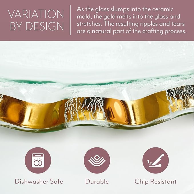 Annieglass Ruffle 8.25 x 6.5 Inch Dip Bowl with 24k Gold, Timeless Glass Tableware for all Occasions, Made in the USA