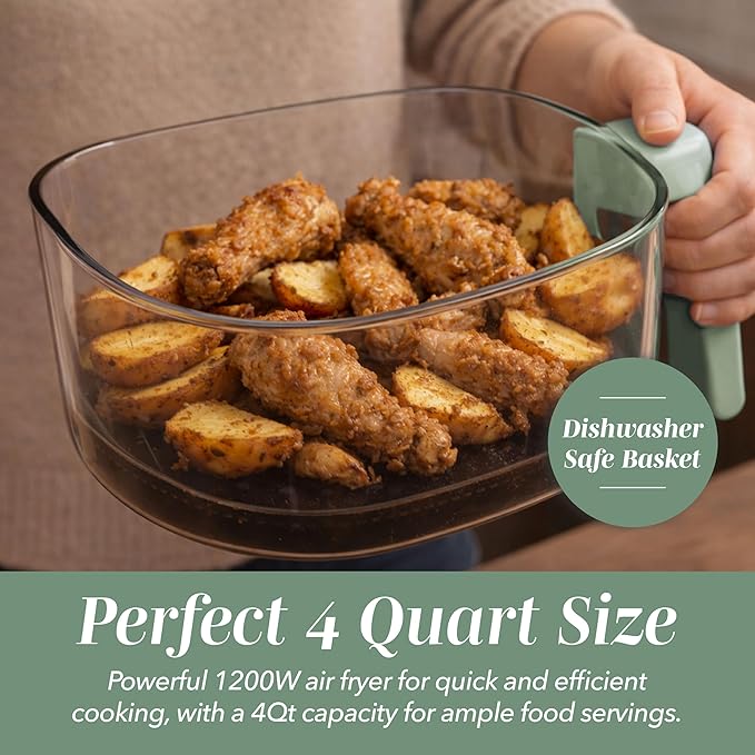 COOK WITH COLOR Colorful 1200W 4Qt Air Fryer: Glass Basket, Dishwasher Safe, 60min Timer, 6 Presets, Temp Control 175F-400F, 4 QT, Dark Sage