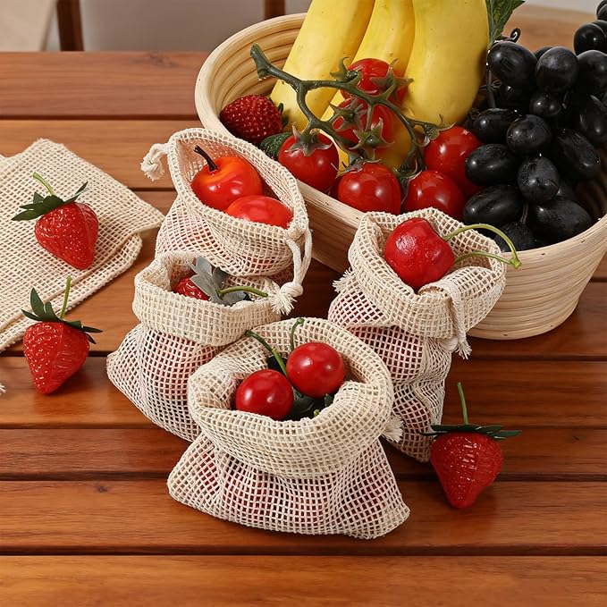 6 Pack Reusable Produce Bags, Cotton Mesh Bags With Drawstring for Vegetables Fruits Grocery Shopping, Multi Size Durable Washable Storage Bag (2L,2M,2S)