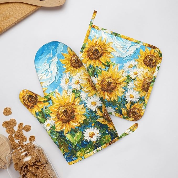 Oven Mitts and Pot Holders Sunflower Daisy Flower Art Silicone Kitchen Accessories Set of 4 Heat Resistant Long Gloves Potholder Non-Slip Grip for Chef Cooking Baking Grilling BBQ