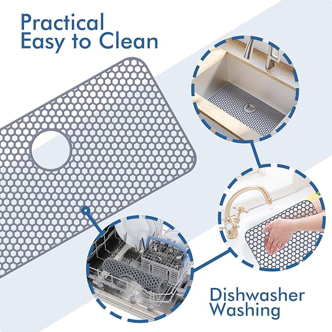 Bestjing Silicone Sink Protectors for Kitchen Sink with Rear Drain - 29.7"x 15.5" Kitchen Protector Accessory, Non-Slip Heat Resistan Mat for Bottom of Farmhouse Stainless Steel Porcelain