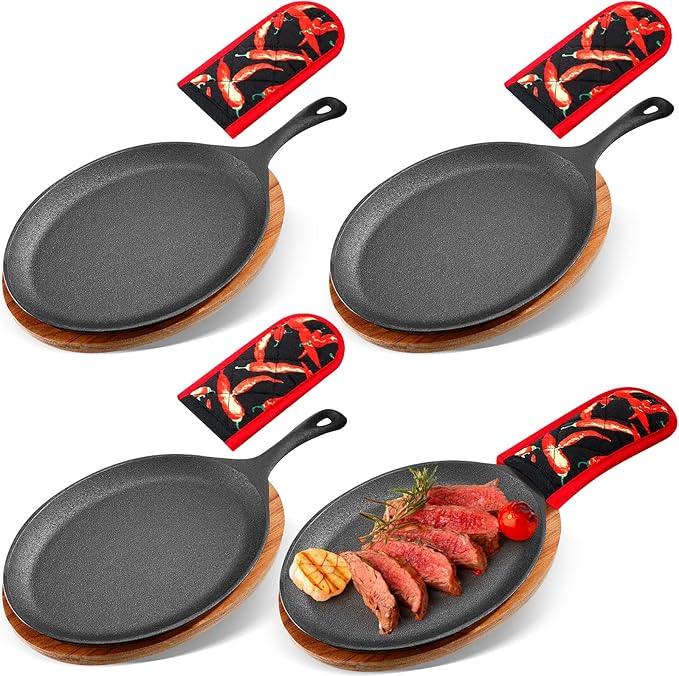 Lallisa 4 Sets Cast Iron Fajita Plate Set Fajita Plate Pan with Wooden Tray Anti Scald Protection Hot Mitt Cast Iron Skillet Set for Home Barbecue Kitchen Party Restaurant Catering Service