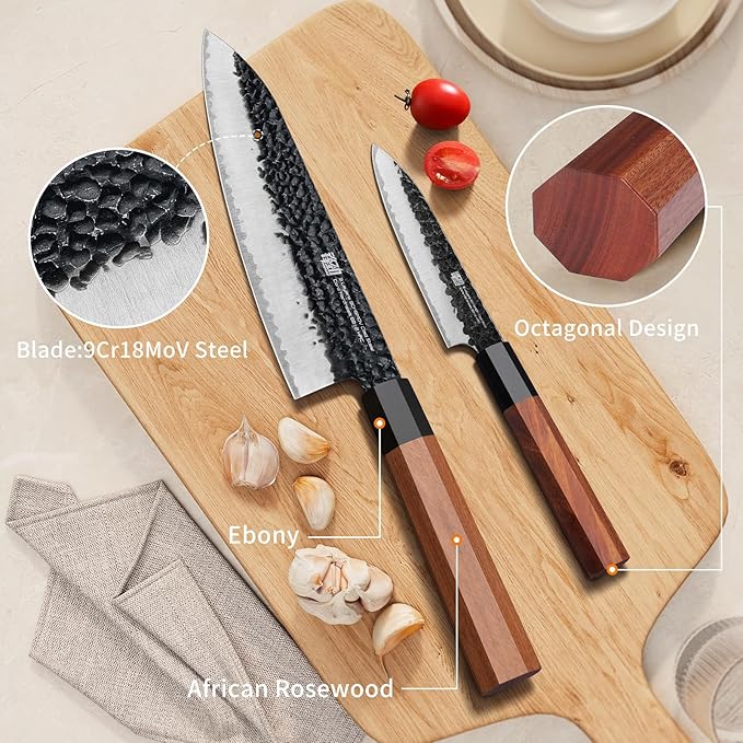 FINDKING 4PCS Kitchen Knife Set, Japanese Chef Knife Set with 9Cr18MoV High Carbon Steel Hammered Blades, Rosewood Octagonal Handles, for Meat, Fruits and Vegetables, Dynasty Series