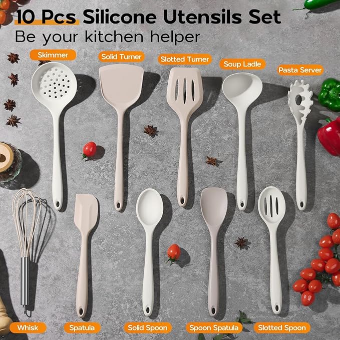 Onader Kitchen Cooking Utensils Set, 10 Pcs Silicone Non Toxic Cooking Utensils Set, Heat Resistant & Nonstick Cookware Friendly - 2 Mixed Color (Khaki & White)