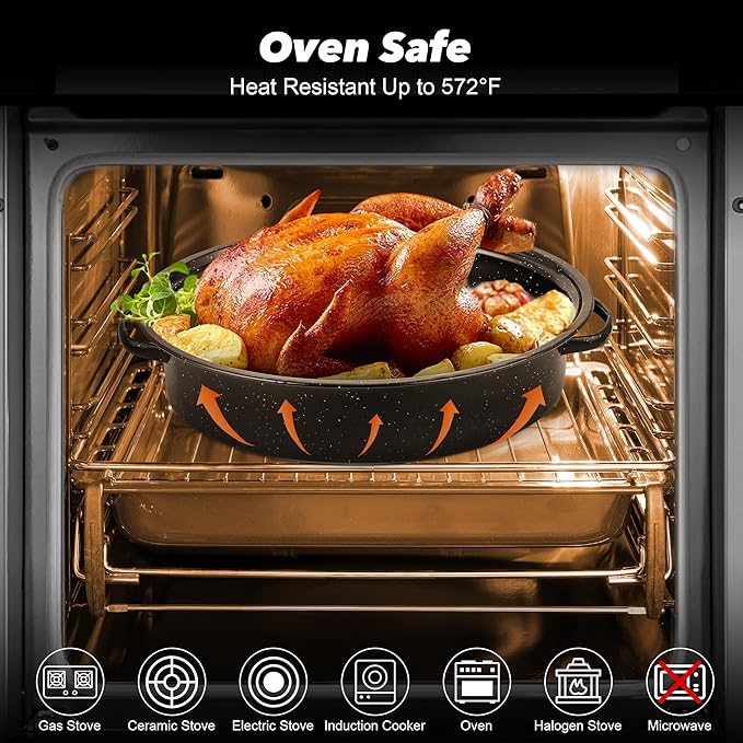 18” Roaster Pan with Lid and Rack, Large Enamel Roaster Pan with Oval Roasting Rack, Granite Baking Pot for Chicken Turkey Lamb, Heat Resistant, Oven/Dishwasher/All Stovestops Compatible