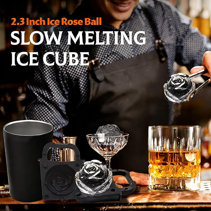 Clear Ice Cube Maker Tray – 2.3 Inch Large Rose Ice Ball Mold, Stainless Steel & Silicone, Slow Melting Crystal Ice for Whiskey, Cocktails, and Home Bar Use