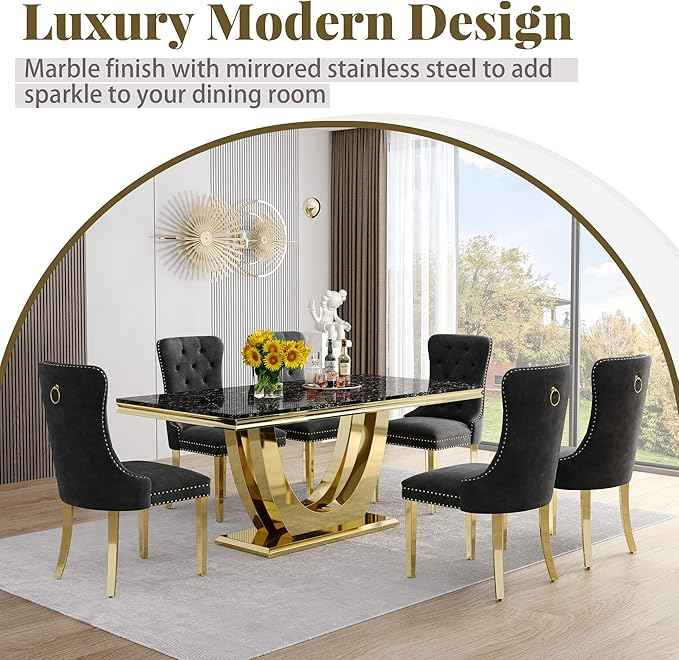 Marble Dining Table Set for 6,70" Black Faux Marble Kitchen Tables and Velvet Chairs for 6,7 Piece Luxury Dining Room Table Set and 6 Upholstered Chairs with Gold Stainless Steel Bases