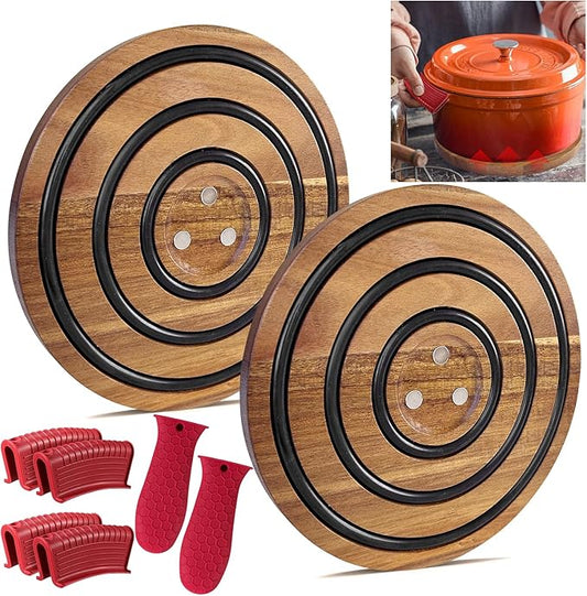 2Pcs Magnetic Wooden Trivets for Hot Pots & Pans, Heat Resistant Acacia Wood Trivets with 2 Silicone Pan Handle Covers&4 Cast Iron Handle Sleeve for Dutch Ovens Hot Pots&Pans Cast Iron Skillet
