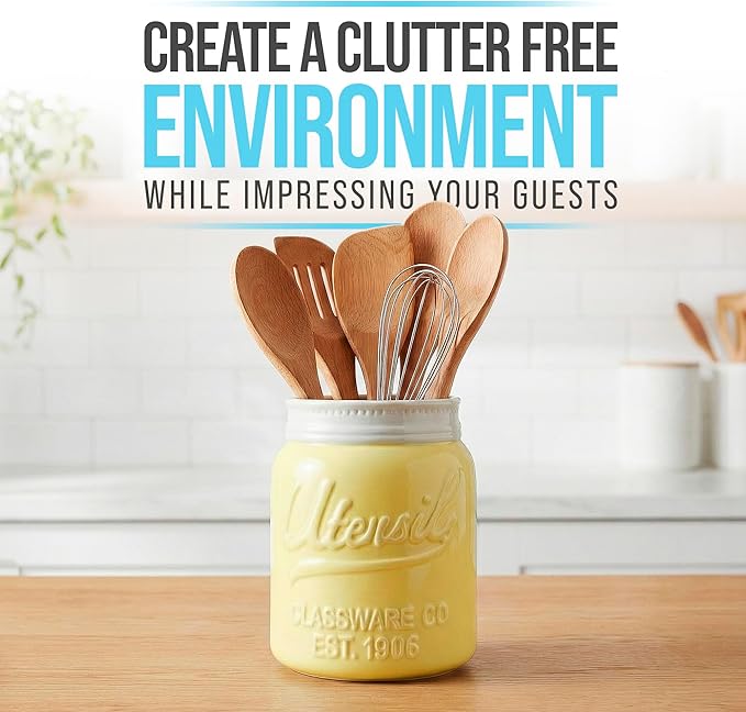 Comfify Wide Mouth Mason Jar Utensil Holder Decorative Kitchenware Organizer Crock, Dishwasher Safe - Kitchen Caddy Green, Large Size 7" High - Yellow
