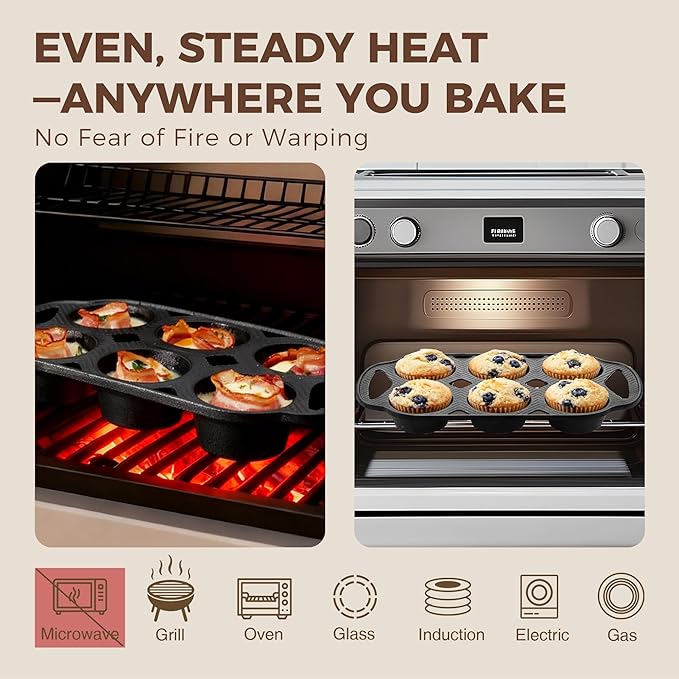HONGBAKE Everline Collection Cast Iron Muffin Pans, Non toxic Uncoated 6-Cup Muffin Tins, Non-Stick Pre-Seasoned Cupcake Tray Pan Set for Baking, Oven & Stovetop Safe, Standard Size, 2 Pack