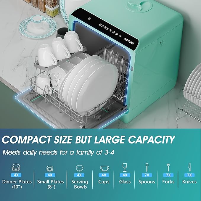 AIRMSEN Portable Countertop Dishwashers, 5 Washing Programs Mini Dishwashers with 5 L Built-in Water Tank and Double-layered Glass Door, No Hookup Needed for Home, Apartments & RVs