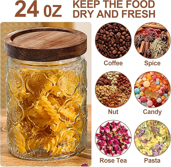 2-Pack 24 OZ Vintage Glass Jar with Lid, Airtight Food Storage Canisters with Bamboo for Kitchen Counter Pantry, Ideal for Coffee, Candy, Tea, Oats, Sugar, Cookies Decorative Jars