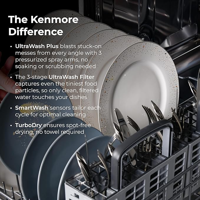 Kenmore 22-14642 24" Built-In Dishwasher - UltraWash Plus, EasyFlex Third Rack, TurboDry, SmartWash & Reach-Thru Handle - 15 Place Settings - 45 DBA - ENERGY STAR Certified - 24" - White