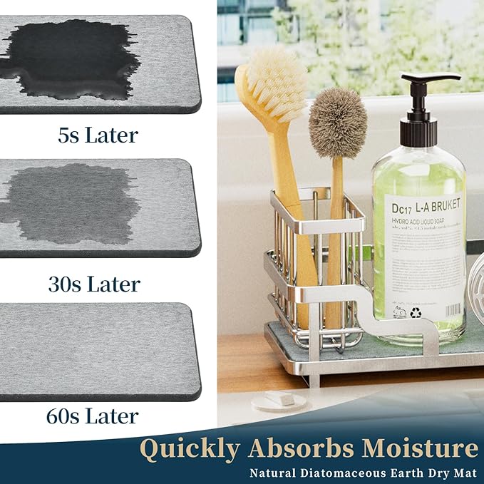 Consumest Sponge Holder for Kitchen Sink - Sink Caddy Organizer with Water Absorbing Stone Tray, Detachable Brush Holder, Stainless Steel Kitchen Counter Organizer Rack, Silver