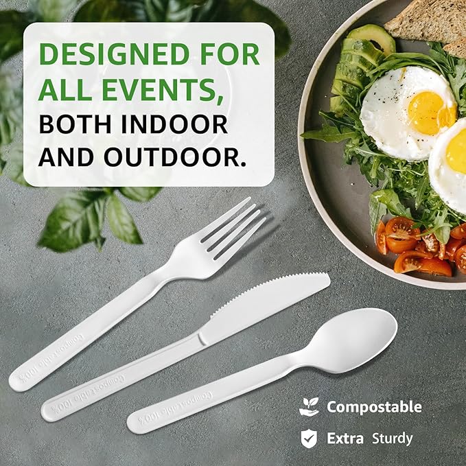 100% Compostable Forks 60 Count Disposable Forks Heavy Duty Utensils Set Fork Silverware Eco Friendly Flatware Plastic Free for Party Camping Picnics Wedding-Ivory White