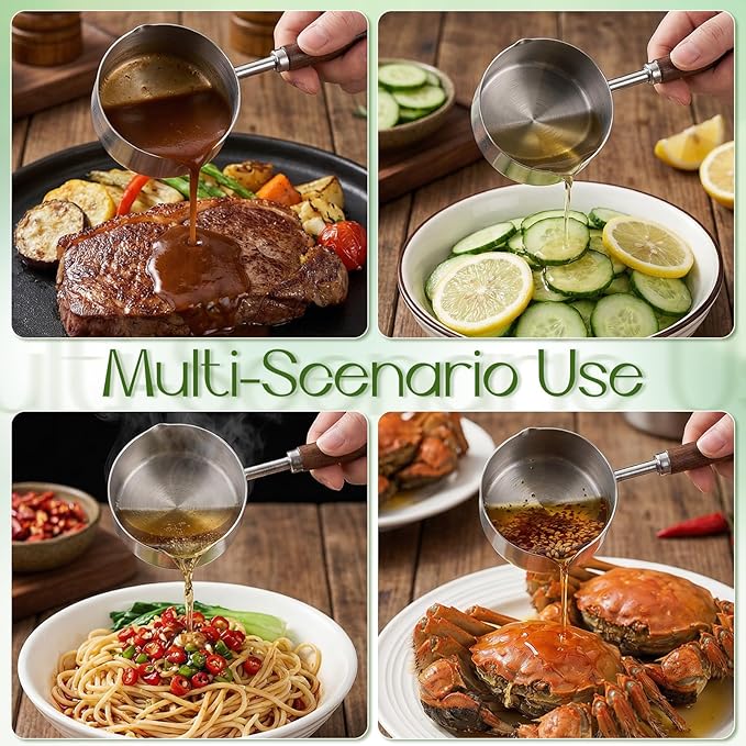 2 Pcs 18/10 Stainless Steel Butter Warmer Measuring Pan 8.5 oz and 4.2 oz Milk Coffee Chocolate Butter Melting Pot with Dual Pour Spout and Wooden Handle for Induction Cookers and Gas Stoves