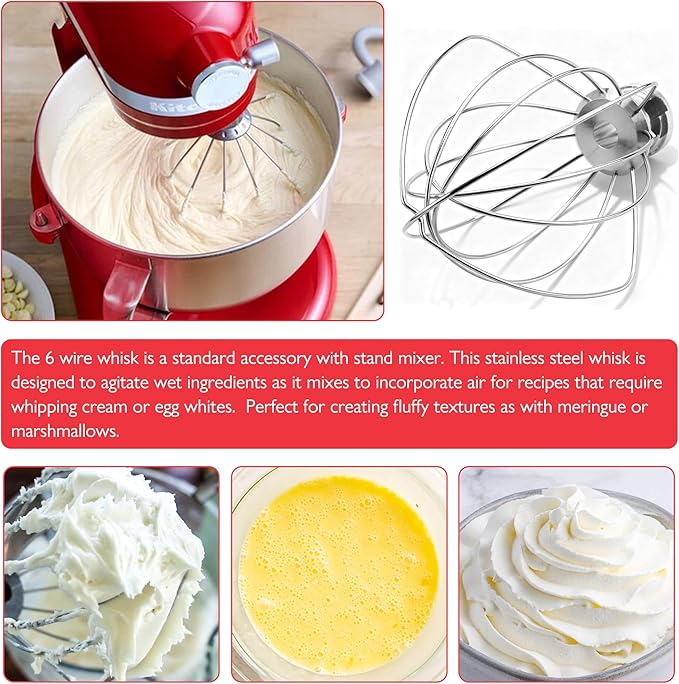 KN256 Stainless Steel Whisk for KitchenAid 6 Qt Bowl-Lift Stand Mixer, 6-Wire Whip Compatible with KV25, KP25, KP26, KL26, KD26, KP26, Heavy Duty 18/8 Stainless Steel, Dishwasher Safe, No Residue