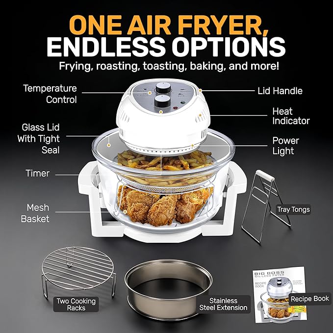 Granitestone 16Qt Large Glass Air Fryer Non Toxic – Family Sized Airfyrer Cooker with 3 Cooking Sections, Stainless Steel Racks, for French Fries, Chicken, No Preheat, Self Cleaning, Dishwasher Safe