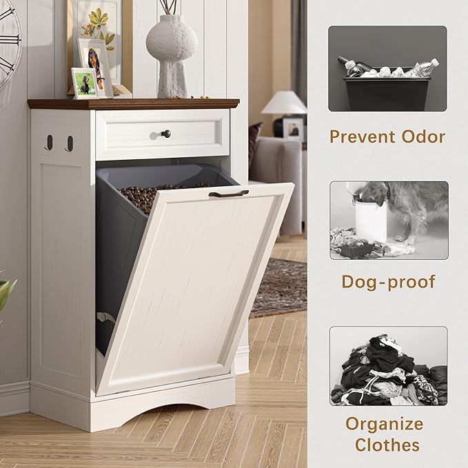 NEWOWNDS Tilt Out Trash Can Cabinet 13 Gallon Hidden Trash Garbage Can Cabinet with Drawer,Waterproof Cutting Board,Pet Proof Hidden Garbage,Laundry Bathroom, White