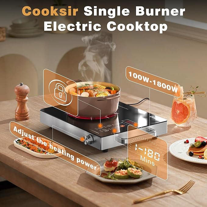 Single Burner Electric Cooktop - 110V Portable One Burner Hot Plate 1800W, Countertop Electric Stove top for Home, Camping, RV, Timer, Child Lock, Steam, BBQ, Stir Fry, 110-120V Plug in