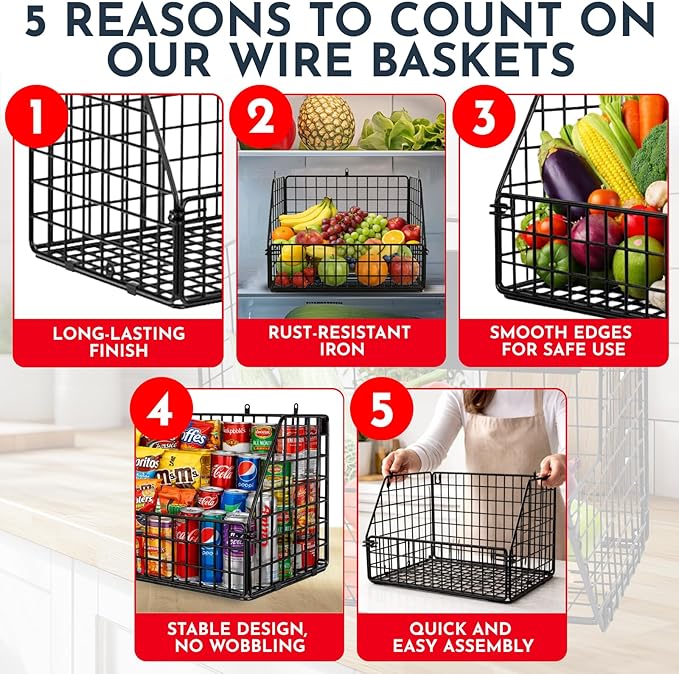 3-Tier Wall Hanging Fruit Baskets for Kitchen Organizing Fruits and Vegetables, Heavy-Duty Wall Basket for Storage, Wire Hanging Fruit Basket for Kitchen & Pantry