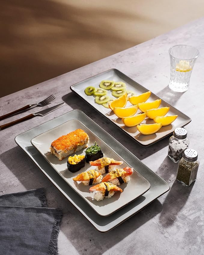 Famiware Serving Platter, Rectangular 15.67/14.1/12.6inch Serving Dishes for Entertaining, Reactive Glaze, Stoneware Serving Trays for Party, Food, Turkey, Snack, Cheese, Ocean Series, Grey