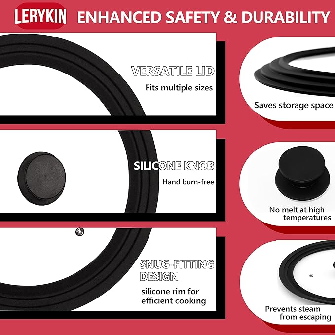 Lerykin Tempered Glass Lid - Universal Lid with Heat Resistant Silicone Rim for Pots, Pans and Skillets - Pan Cover Replacement Lid Fits 6.5", 7" and 8" Diameter Cookware