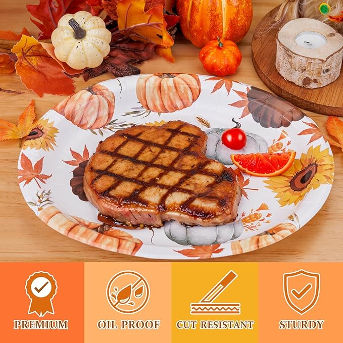 WDF 50 Pack Fall Oval Paper Plates - 10" x 12" Pumpkin and Maple Large Paper Plate - Thanksgiving Autumn Leaves Plates Disposable Heavy Duty Dinner Size - Suitable For Thanksgiving/Fall Theme Party