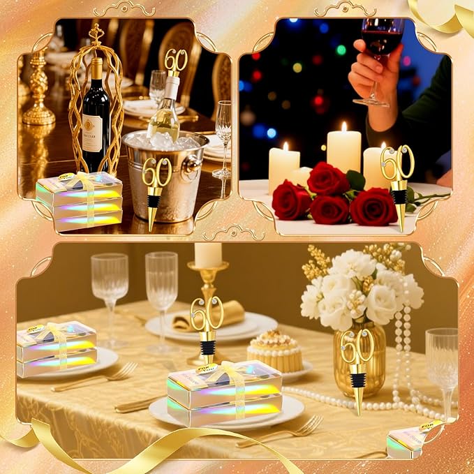30Pcs 60th Birthday Wine Stopper Party Favors Gold Wedding Favor Wine Bottle Anniversary Wine Stopper Souvenirs for Guests Wine Bottles Stopper Decorative for Wedding Anniversary Parties(60th)