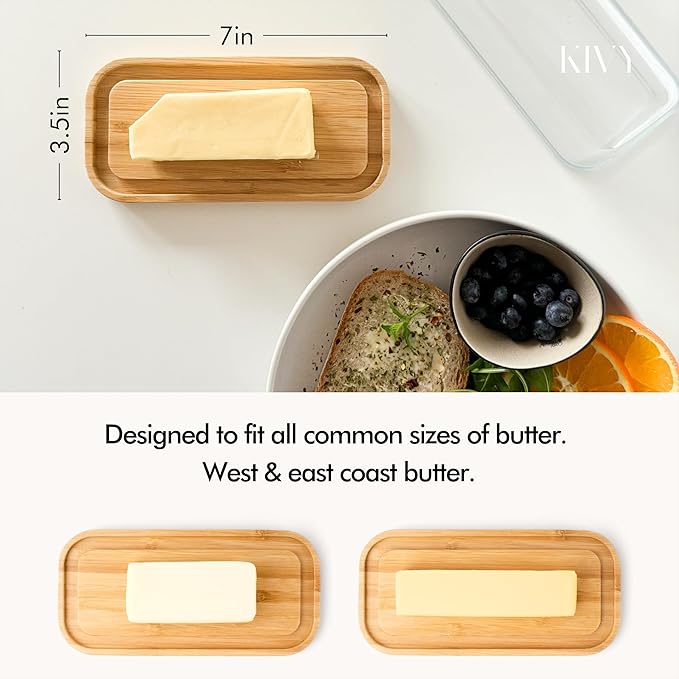 KIVY Glass butter dish with airtight lid that keeps butter soft - For countertop and refrigerator door shelf - Butter tray with lid fridge - Butter holder for counter - Covered butter dishes