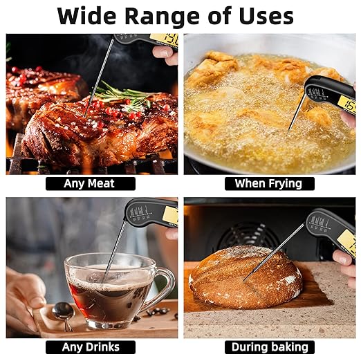 Instant Read Meat Thermometer for Grill and Cooking, Fast and Accurate Digital Food Thermometer with Backlit bi-fold Probe for Kitchen ovens, Frying, Candy, Steak (Black)