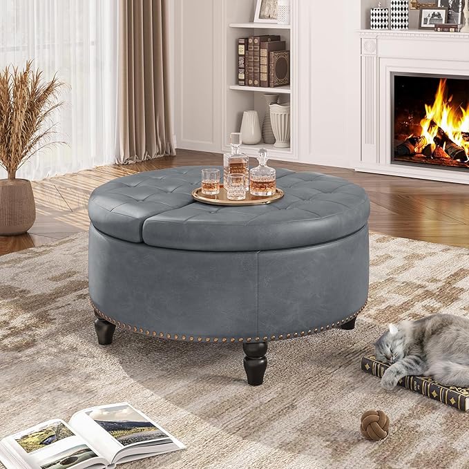 30 Inch Large Round Ottoman with Storage, Modern Leather Ottoman Coffee Table with Lift Top, Upholstered Button Tufted Footrest Stool Toy Blanket Storage for Living Room, Gray